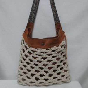 Boho Crochet Leather-Trim Shoulder Bag - Brown & Cream